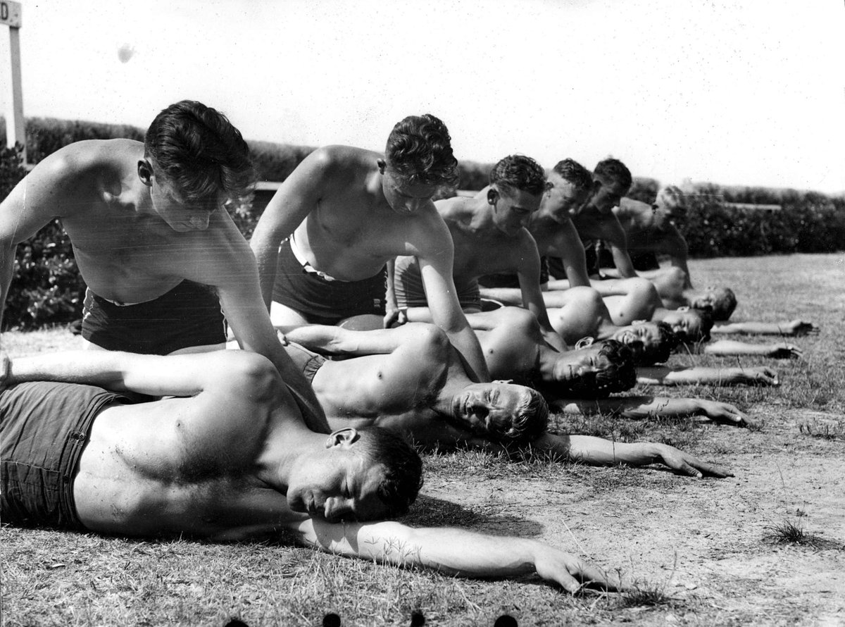 Members of Military Physical Training school in camp at Frankston went through their Life Saving tests at Hastings Baths (c. 1941)