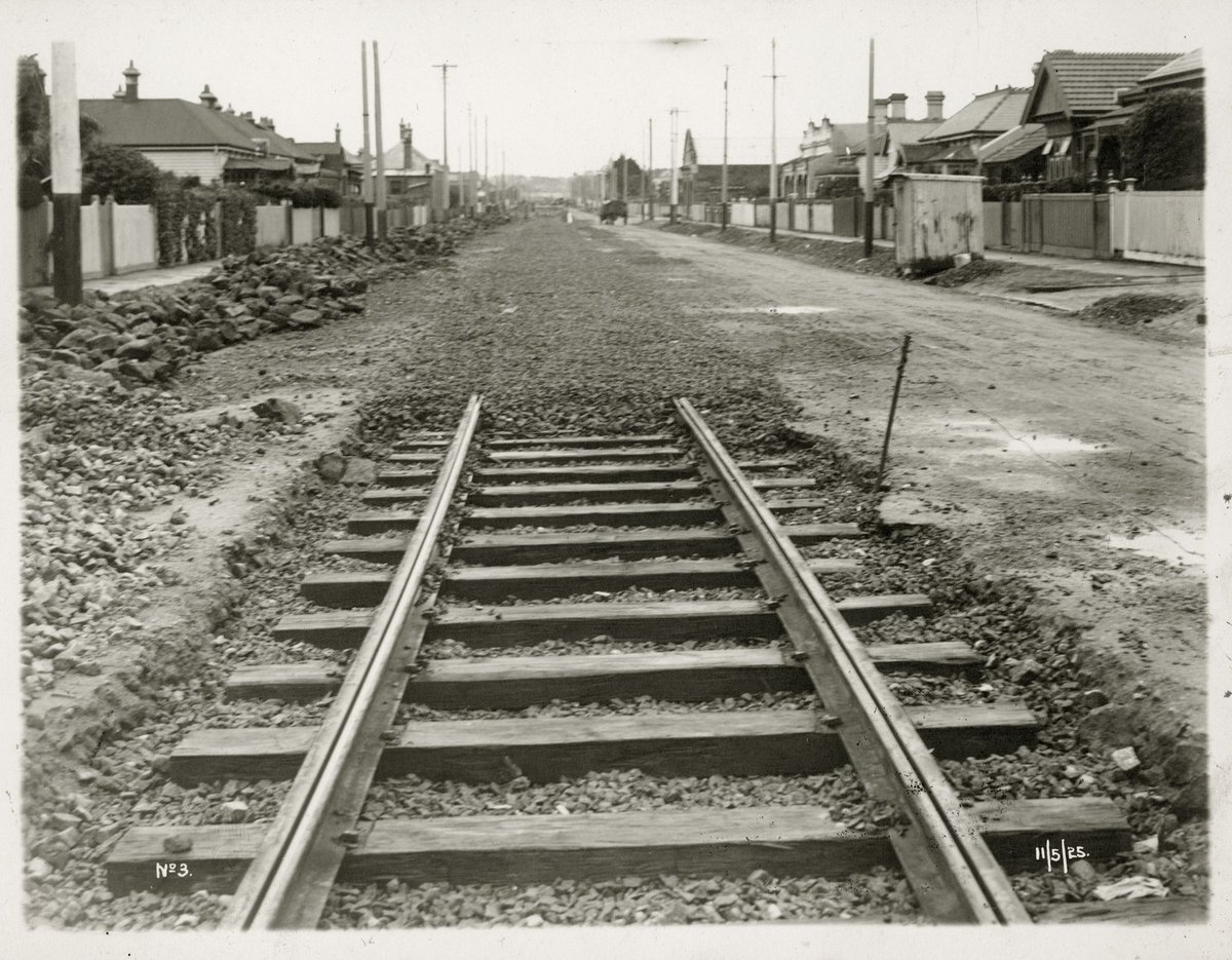 New tracks laid for electric tram, possibly in Richmond area (1925)