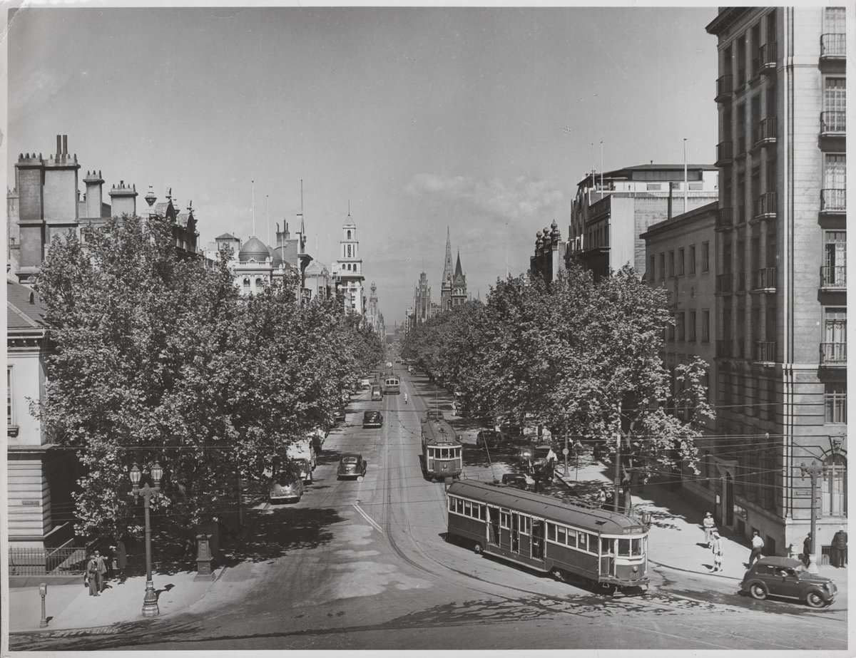 Tree-lined Collins Street, looking west from Spring Street, Melbourne City (1945–54)
