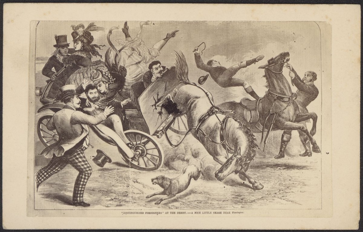 "Distinguished foreigners at the Derby"- a nice little smash near Flemington (c. 1865)