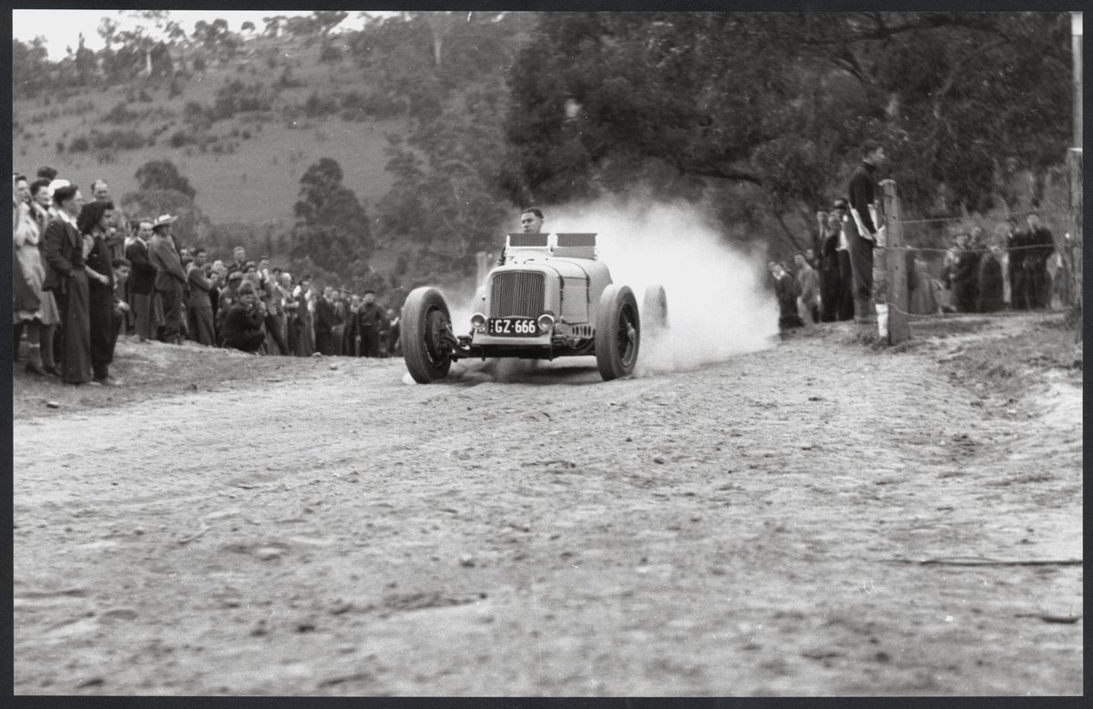 Jimmy Gullan driving a Ballot Oldsmobile at the Greensborough Hill Climb (1945)