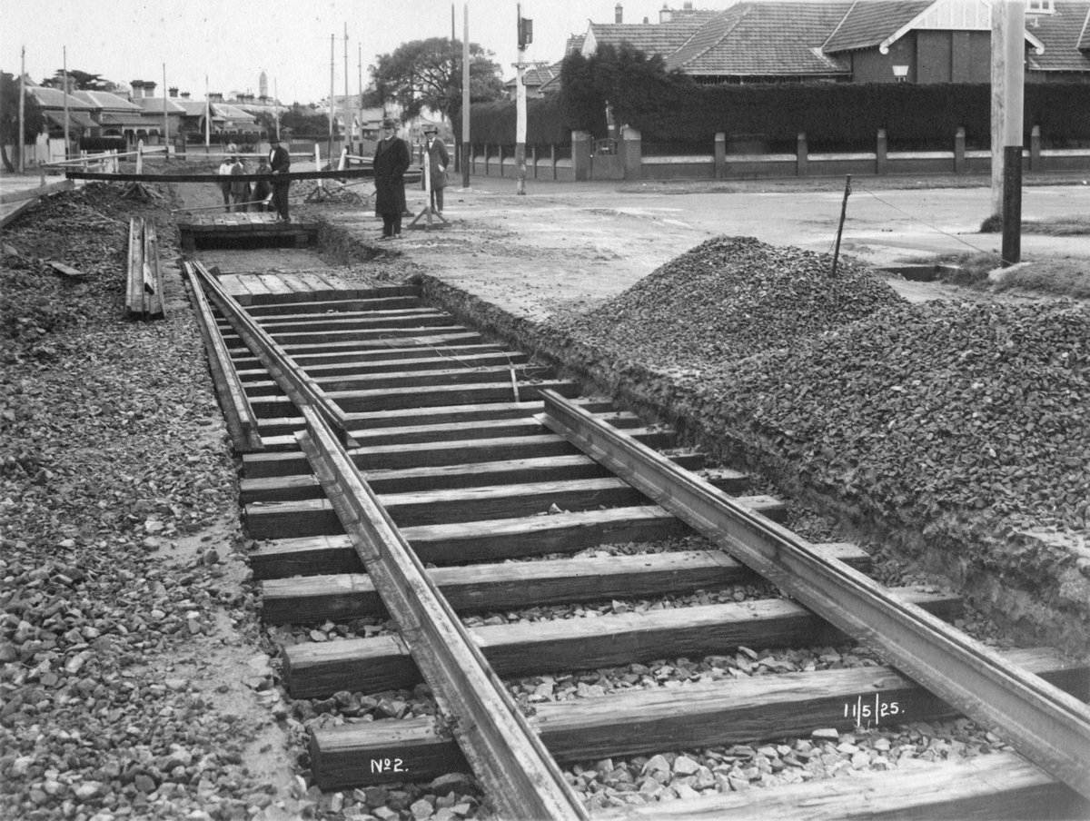 Laying of tracks for electric tramway, possibly in South Melbourne (1925)