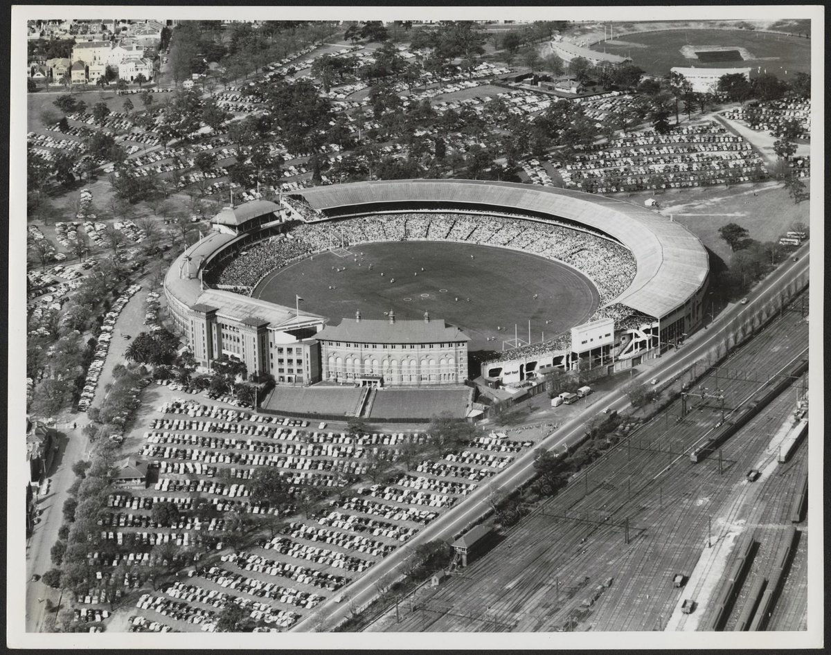Aerial view of the Melbourne Cricket Ground showing the old stand, East Melbourne (1952)