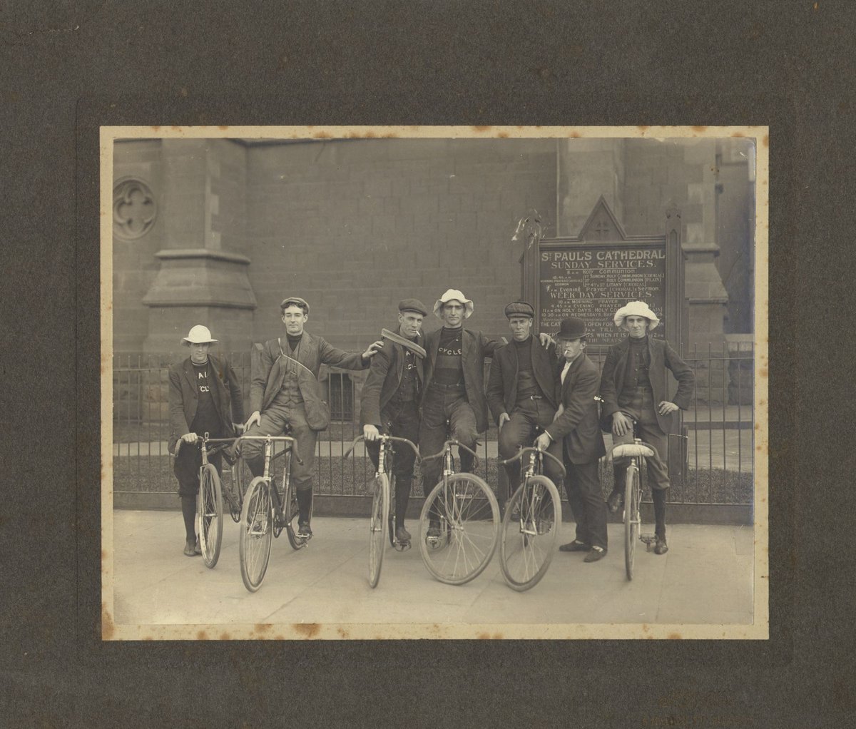 Cyclists outside St. Paul's Cathedral, Melb., E. Smith 3rd from right, Melbourne City (1906)
