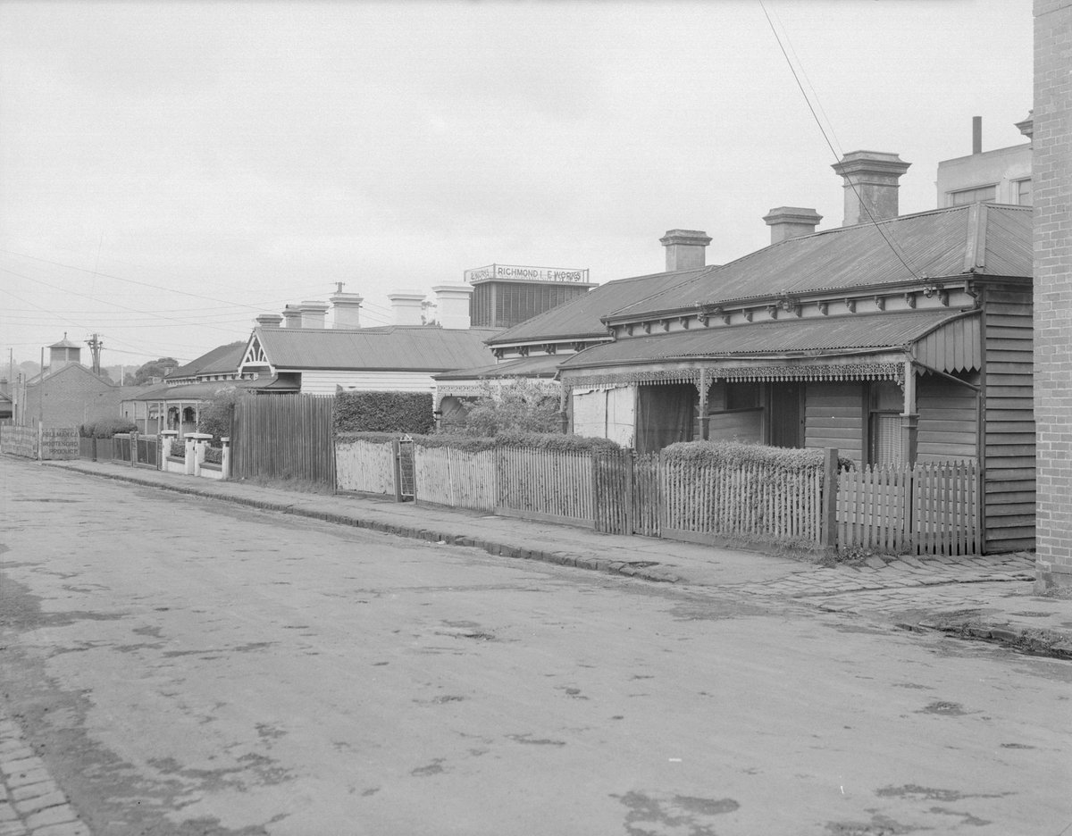Prince Patrick Street, Richmond, showing timber houses with Richmond Refrigeration & Ice Works at 198 Brighton Street in the background (c. 1950)