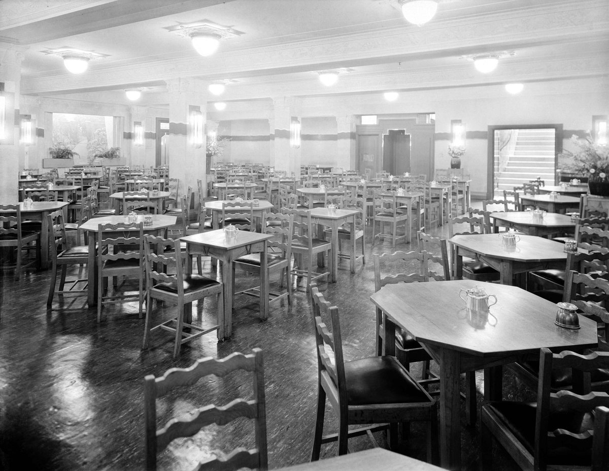 Interior of the basement tea-room in Buckley and Nunn, Bourke Street, Melbourne, showing counter and tables and chairs, Melbourne City (1940s)