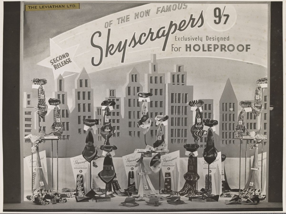 Display of 'Skyscrapers' ties made for Holeproof, in the window of The Leviathan Store, Bourke Street, Melbourne, Melbourne City (1939–47)