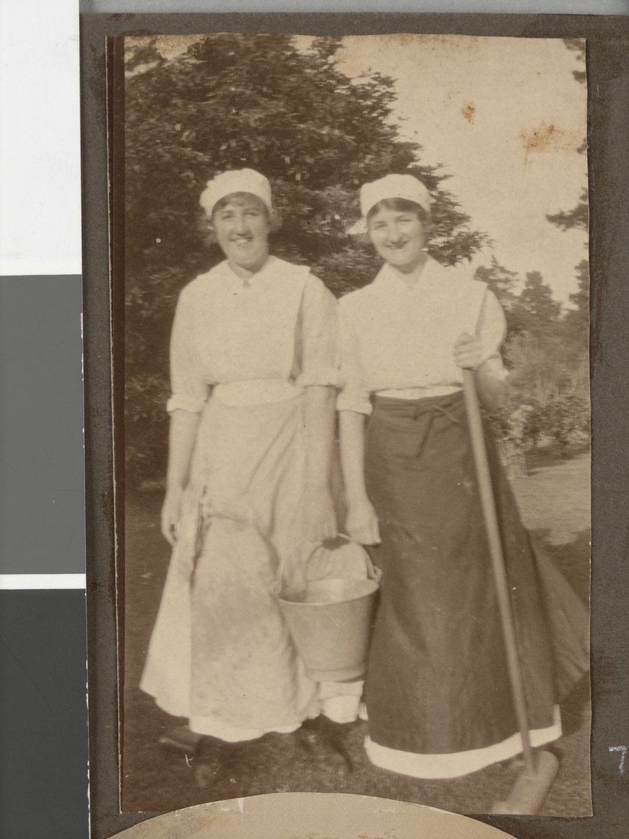 [Two nurses, wearing aprons over their uniforms, carrying broom and bucket, Hethersett Private Repatriation Hospital, Burwood, Vic.] (1914–20)