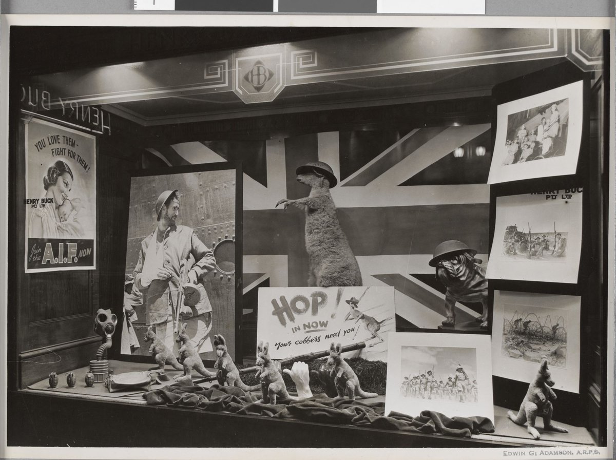 AIF recruitment window display at Henry Buck's store, Swanston Street, Melbourne, Melbourne City (1940–45)