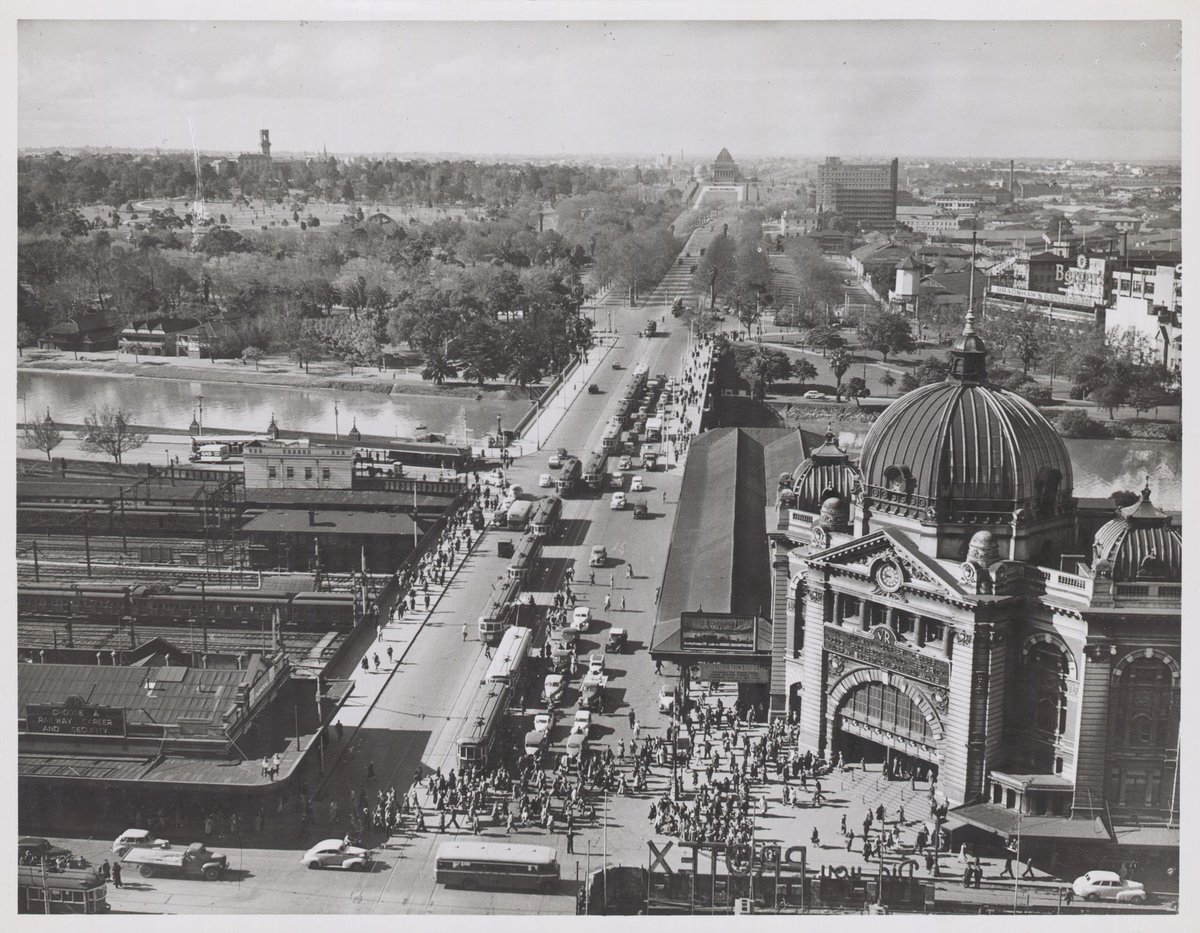 Elevated view of Flinders Street Station and St. Kilda Road, Melbourne, Victoria, Melbourne City (1946–54)