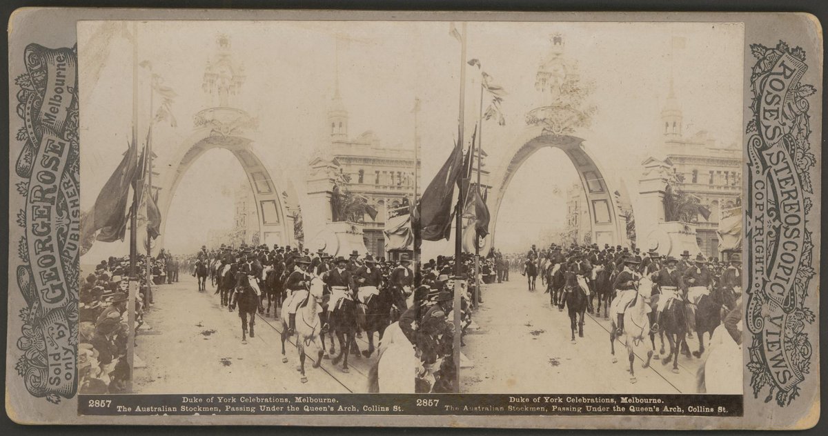 Duke of York Celebrations, Melbourne - The Australian stockmen passing under the Queen's Arch, Collins St, Melbourne City (c. 1901)