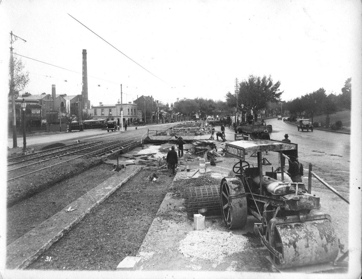 New tramway construction in St. Kilda Road, near Park Street, Melbourne City (c. 1925)
