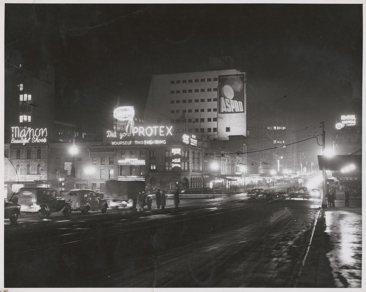 Corner of Swanston and Flinders Sts, looking north, Melbourne City (1945–54)