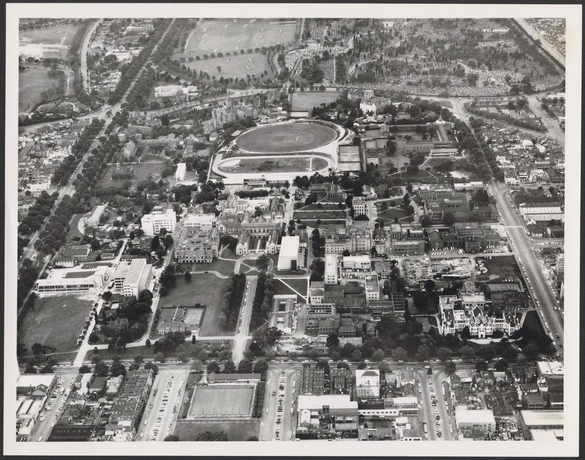 Aerial view of Melbourne University, Victoria, Parkville (1950?)