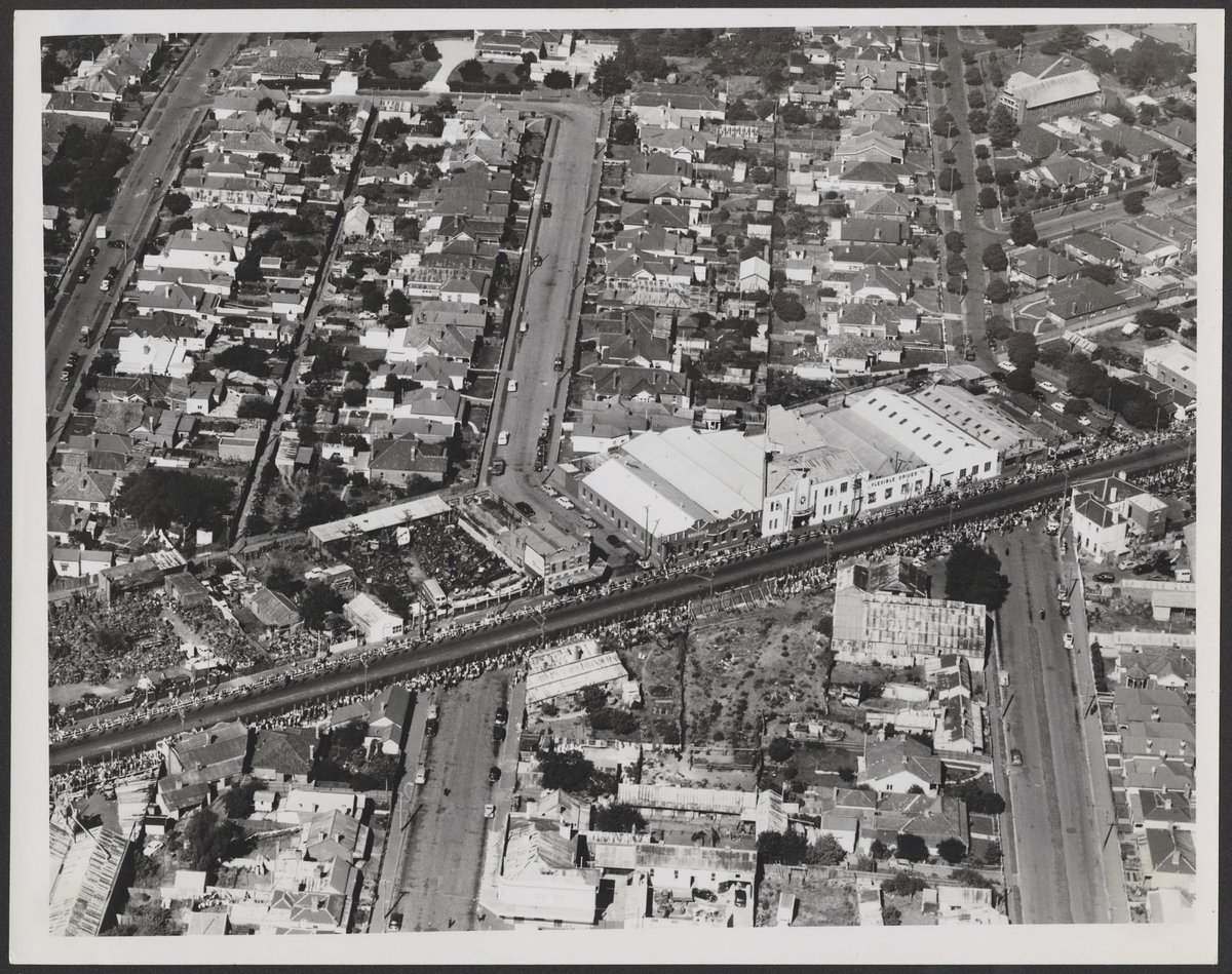 Aerial view of Mt Alexander Road, Ascot Vale, during Royal Visit (1954)