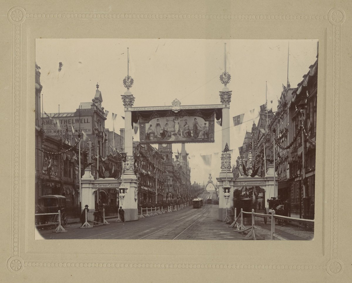 German citizens' arch across Collins Street for the visit of Duke and Duchess of Cornwall and York, Melbourne City (1901)