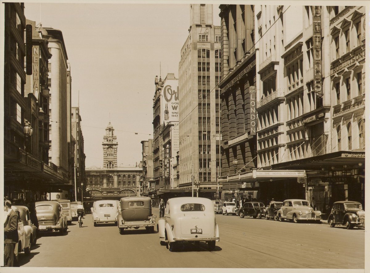 Elizabeth St., looking towards railway station, Melbourne, Australia, March 1950, Melbourne City