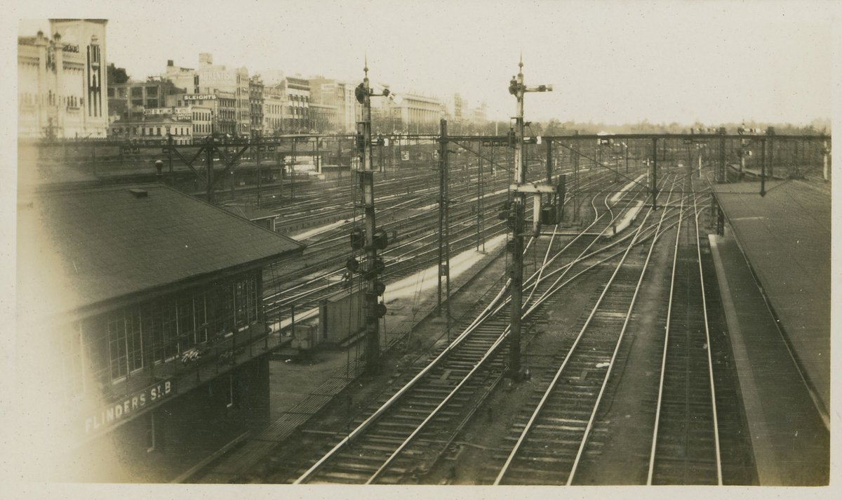 Flinders St. showing network of Electric train lines, Melbourne City (c. 1933)