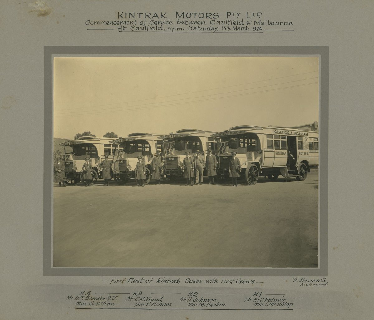 Kintrak Motors Pty Ltd, commencement of service between Caulfield & Melbourne at Caulfield, 3 p.m., Saturday, 15th March 1924
