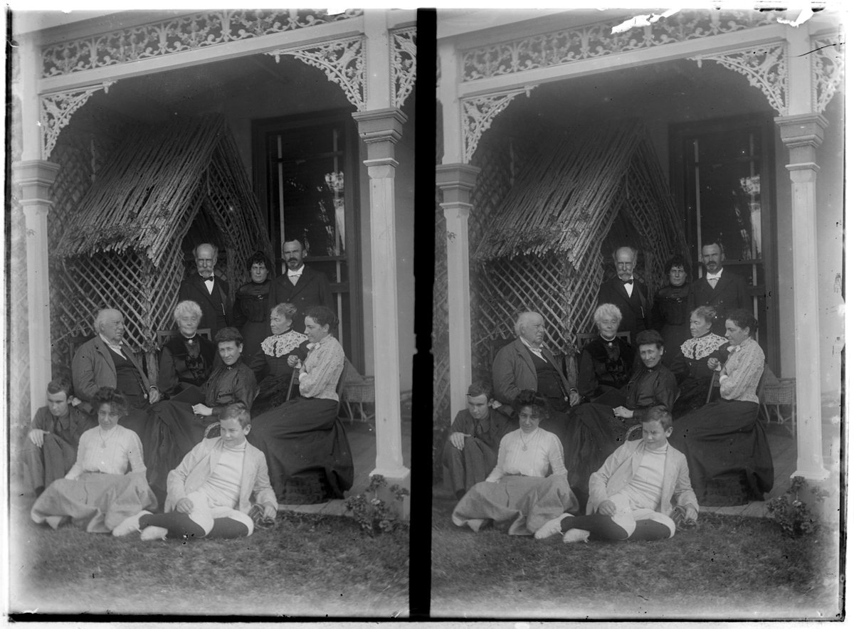 Members of the Coppin family, including George Coppin, in the gardens of Pine Grove, Richmond, Victoria (1902–08)