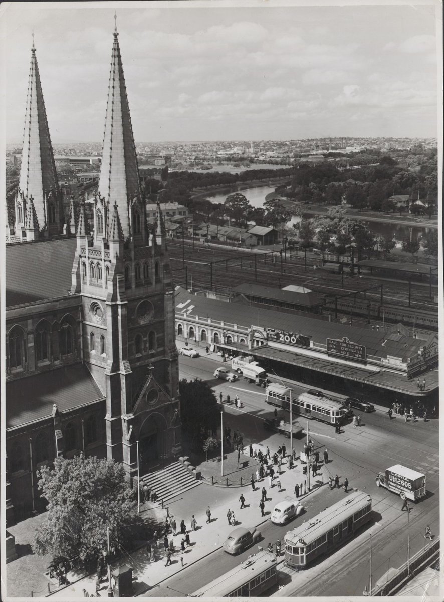 Elevated view looking south east across Flinders Street, Melbourne, Victoria, Melbourne City (1946–54)
