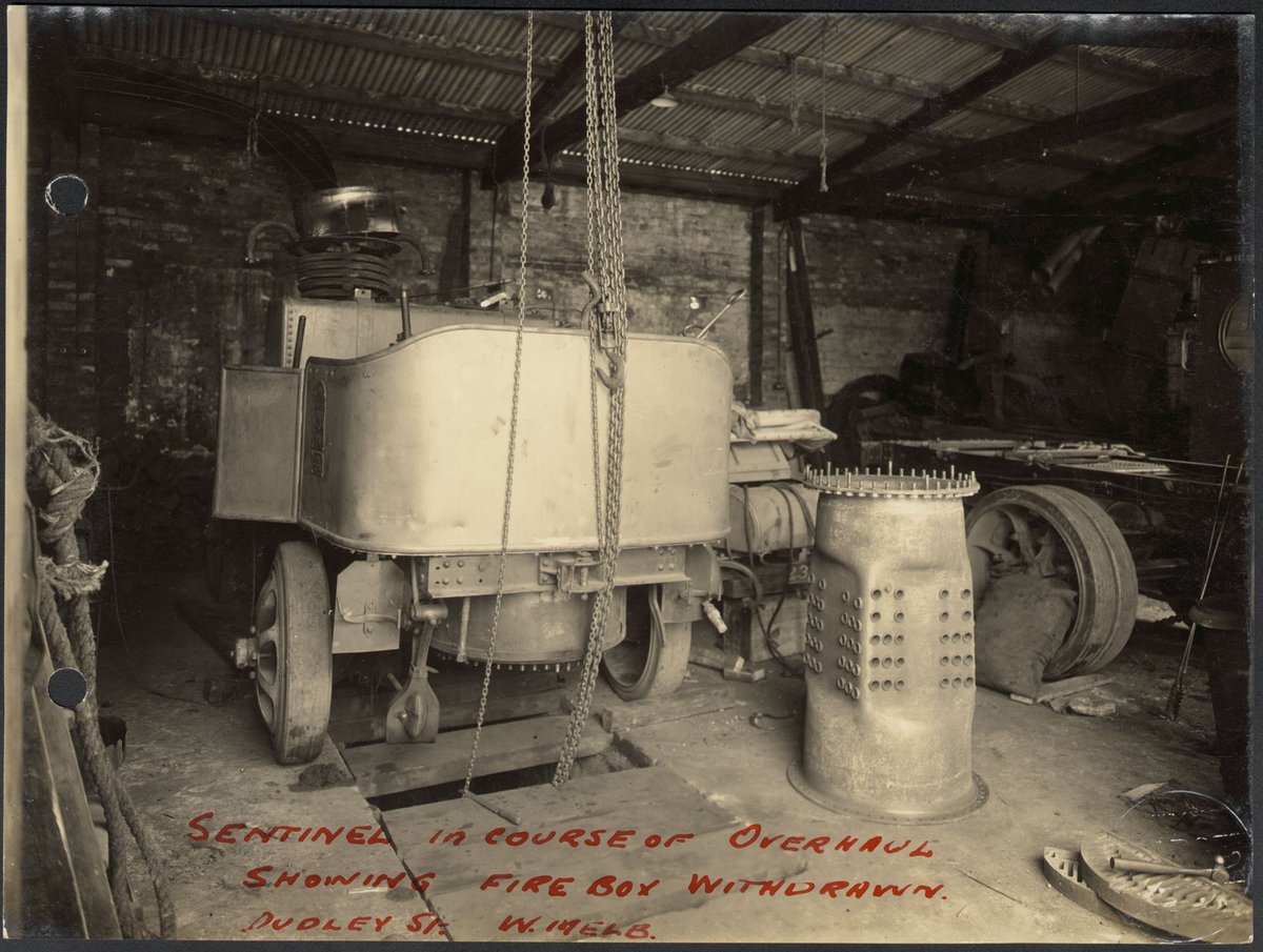 Sentinel in course of overhaul showing firebox withdrawn, Dudley St. W. Melb, Melbourne (1906–20)
