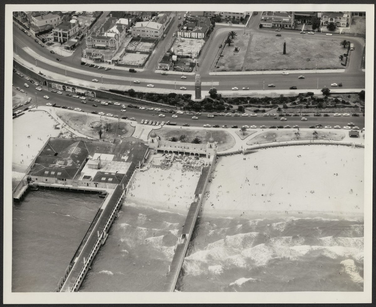 Aerial view the St. Kilda Esplanade and sea-water baths, St Kilda (1950–54)