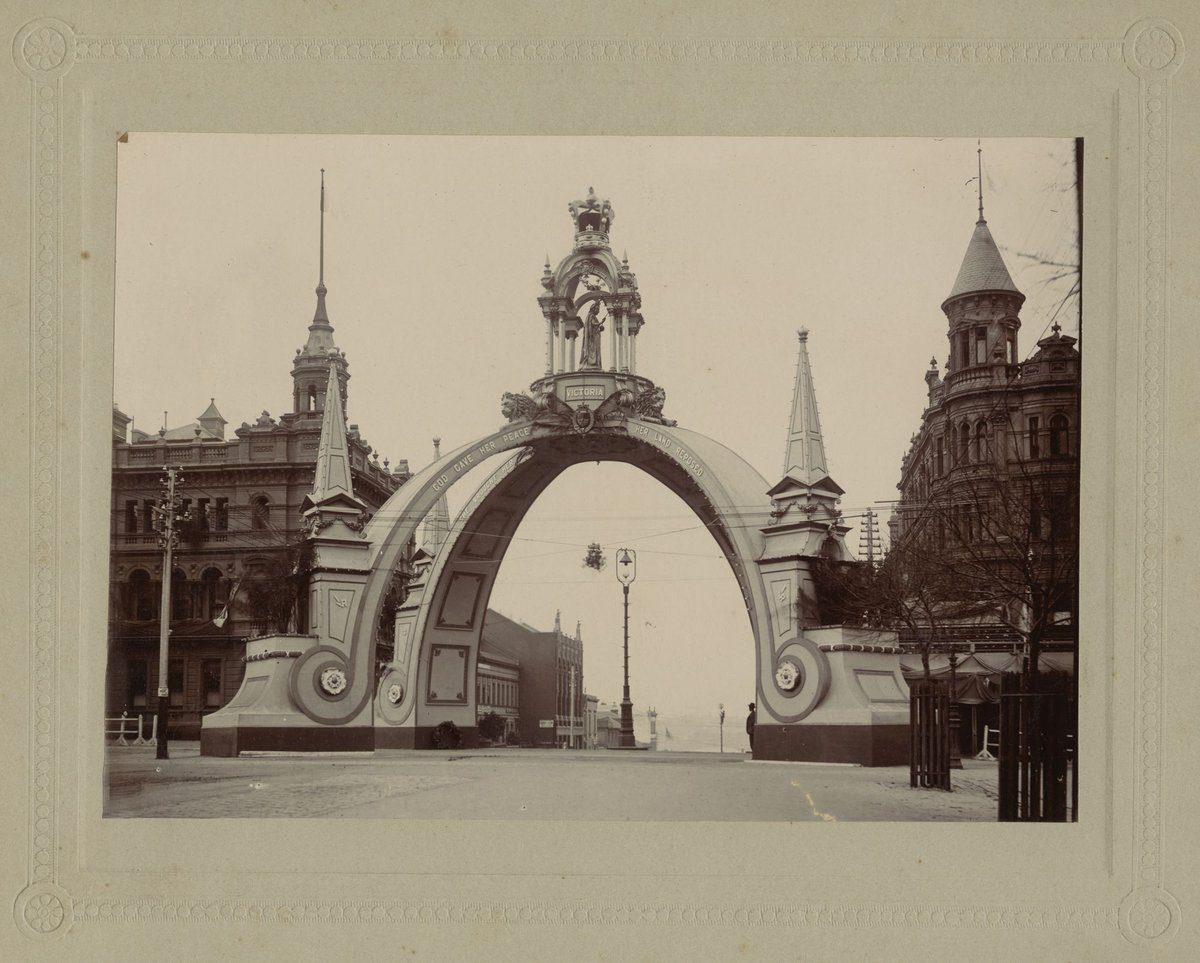 Queen Victoria arch at the intersection of Collins and Russell Streets, Melbourne, Victoria, Melbourne City (1901)