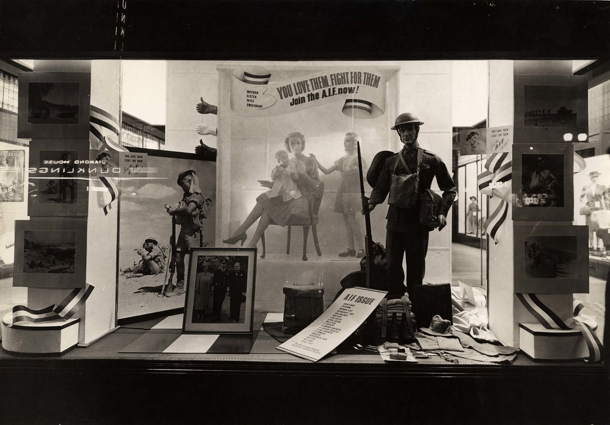 AIF recruitment window display in, possibly, Buckley and Nunn's store, Bourke Street, Melbourne, Melbourne City (1940–45)