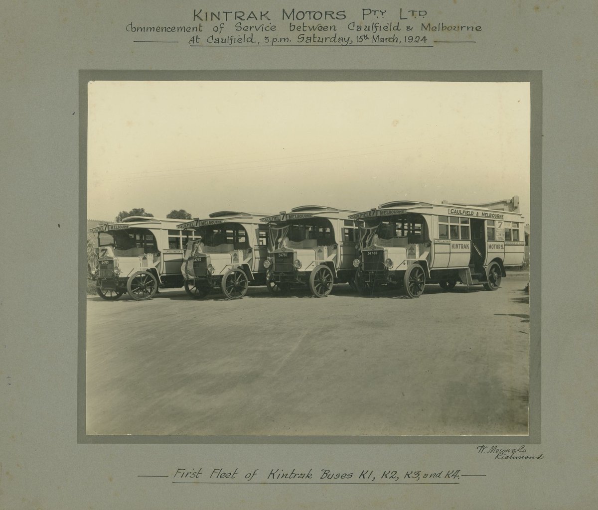 Kintrak Motors Pty Ltd, commencement of service between Caulfield & Melbourne at Caulfield, 3 p.m., Saturday, 15th March 1924