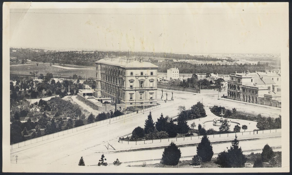 Elevated view looking south west towards old Treasury Building, Melbourne, Victoria, Melbourne City (1971?)