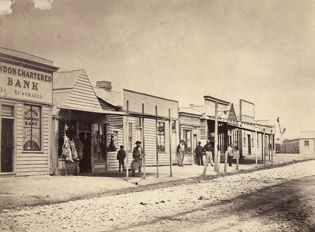 Majorca, showing London Chartered Bank of Australia, butcher's shop, Melbourne Boot and Shoe store and bakery (c. 1866)