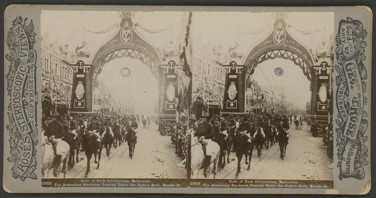 Duke of York Celebrations, Melbourne - The Australian stockmen passing under the Duke's Arch, Bourke St, Melbourne City (c. 1901)
