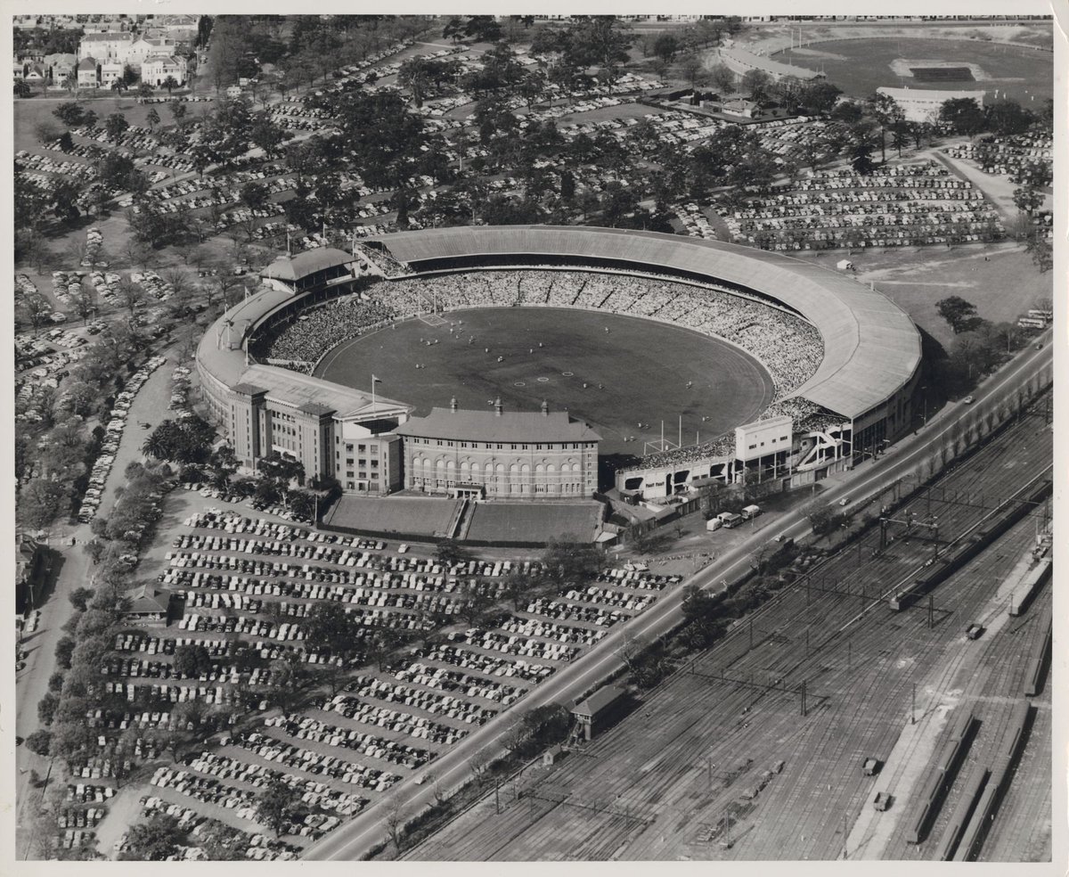 Aerial view of the Melbourne Cricket Ground showing the old stand, East Melbourne (1952)