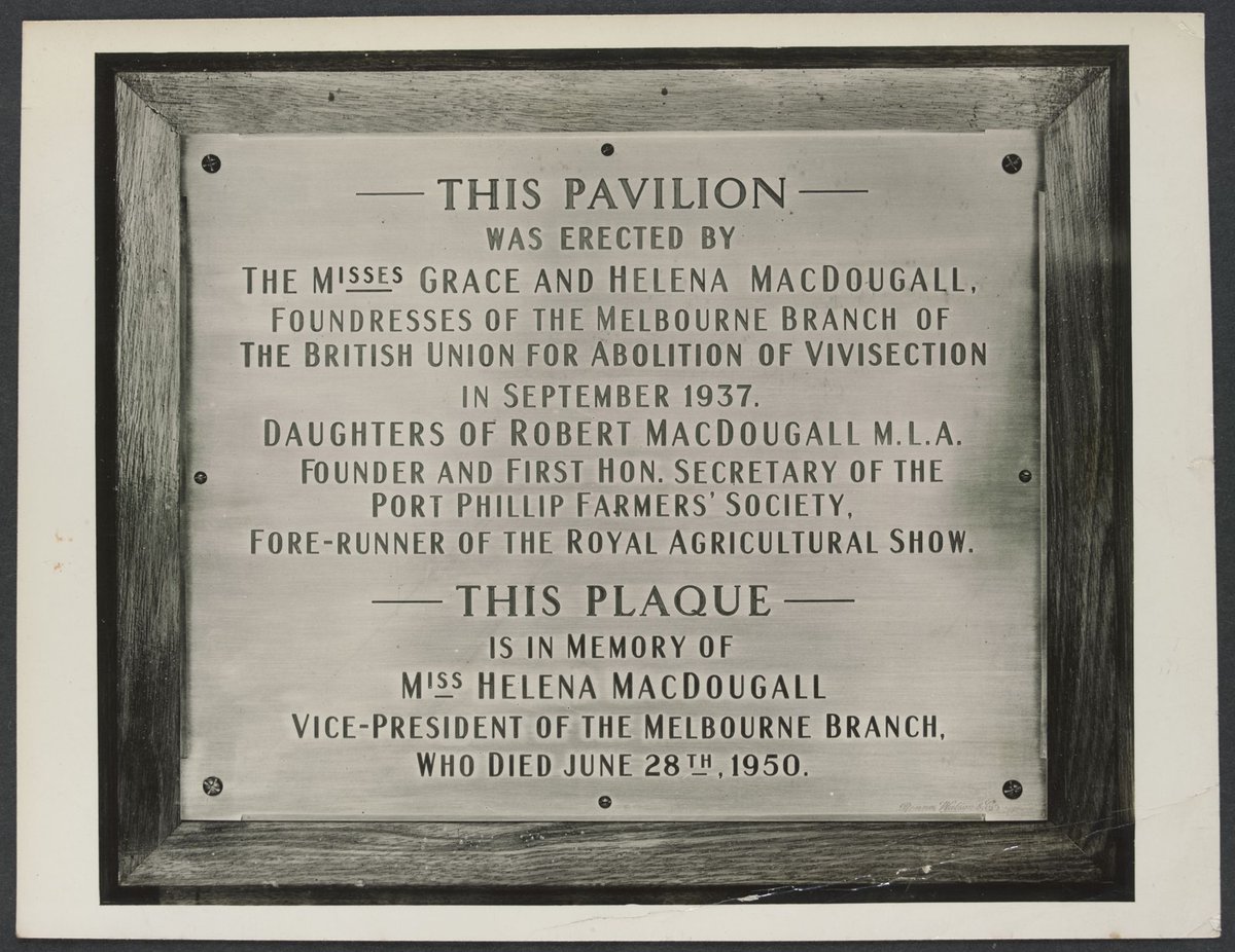Photograph of a plaque in memory of Grace and Helena MacDougall, British Union for Abolition of Vivisection, Melbourne Branch (1950?)