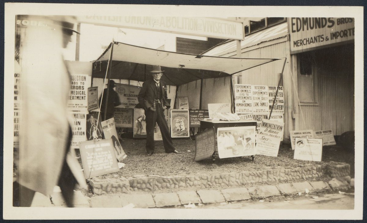 Makeshift stand in Collingwood for British Union for Abolition of Vivisection (1922?)