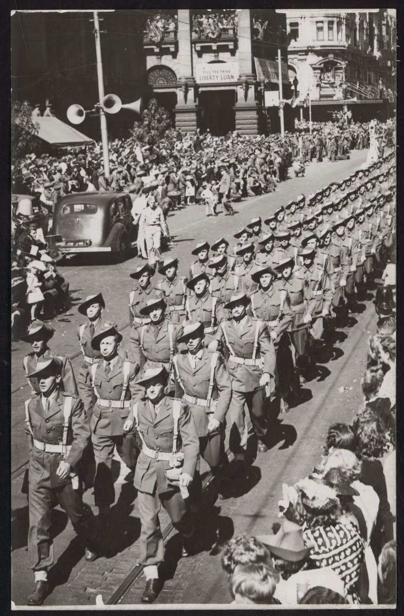 Men of the fighting 9th Division A.I.F. returned from the Middle East, march through the City down Swanston Street, Melbourne City (1943)