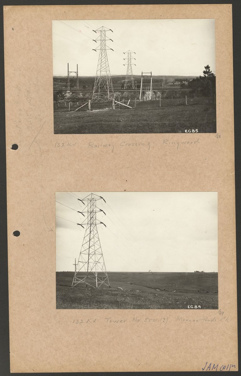 132 KV railway crossing, Ringwood ; 132 KV tower no. 500 (?), Moonee Ponds (1923–46)