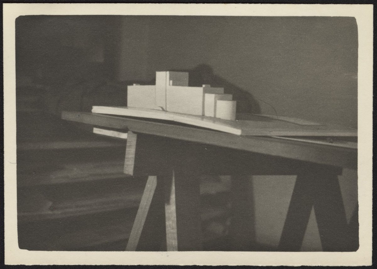 Architectural scale models of the Melbourne Dental Hospital resting on a trestle table (1940–54)