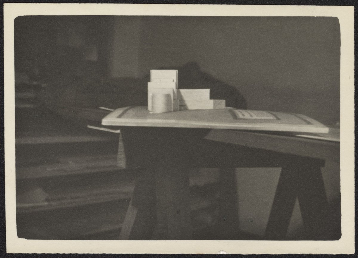 Architectural scale models of the Melbourne Dental Hospital resting on a trestle table (1940–54)