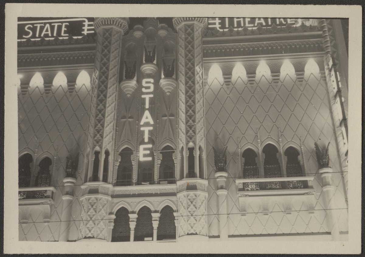 Lit up facade of the State Theatre, Flinders Street, Melbourne, Melbourne City (1954)