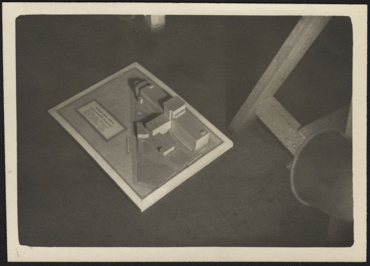 Architectural scale models of the Melbourne Dental Hospital resting on a trestle table (1940–54)