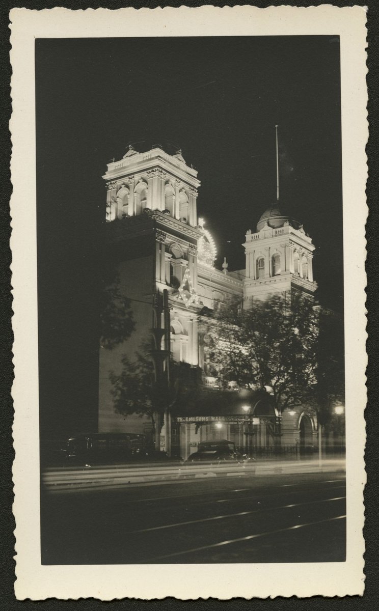 Night photograph of the former Masonic Hall, 25-35 Collins Street, Melbourne, Melbourne City (1930–50)