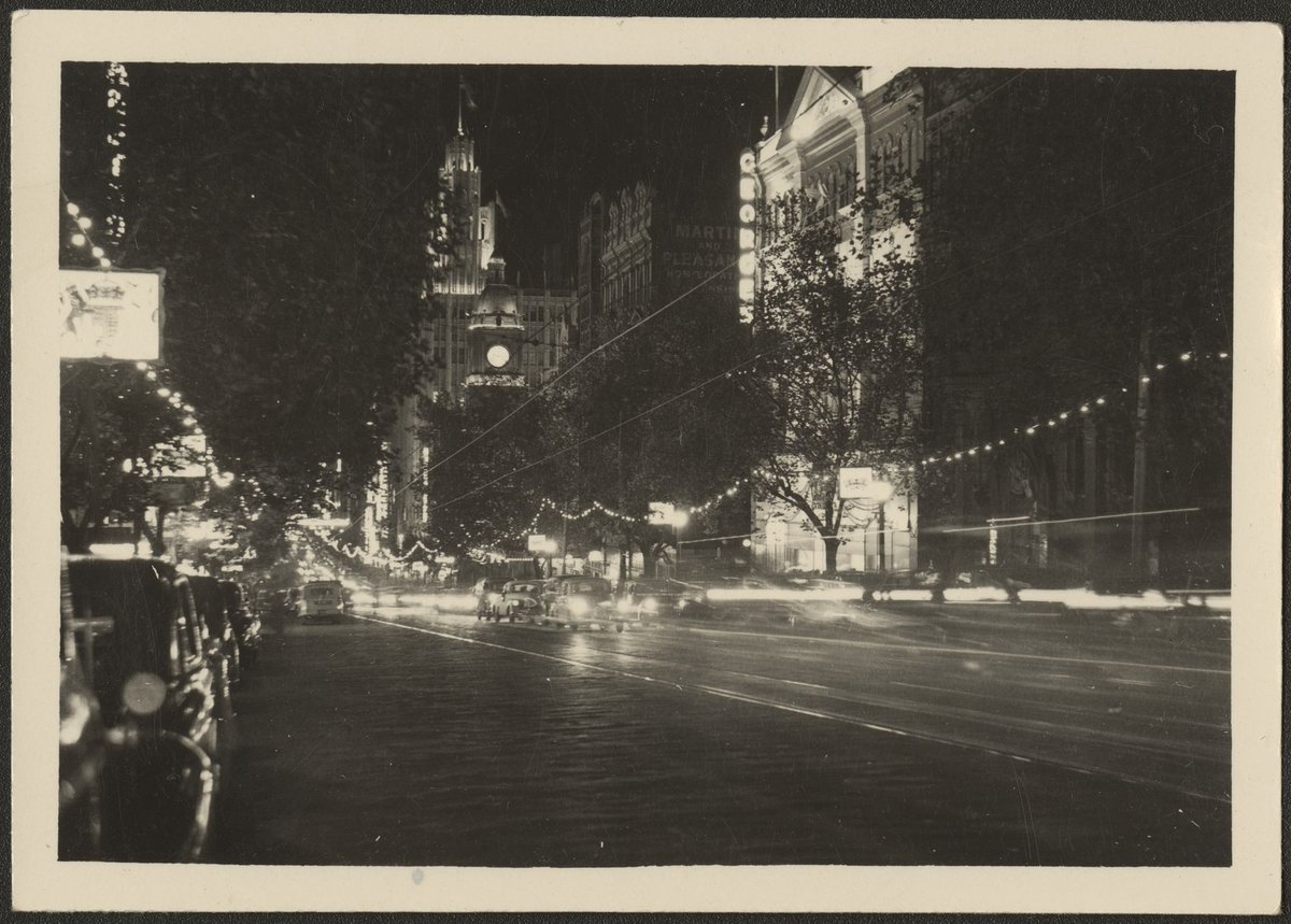Collins Street at night, during the Royal Visit, Melbourne, Melbourne City (1954)