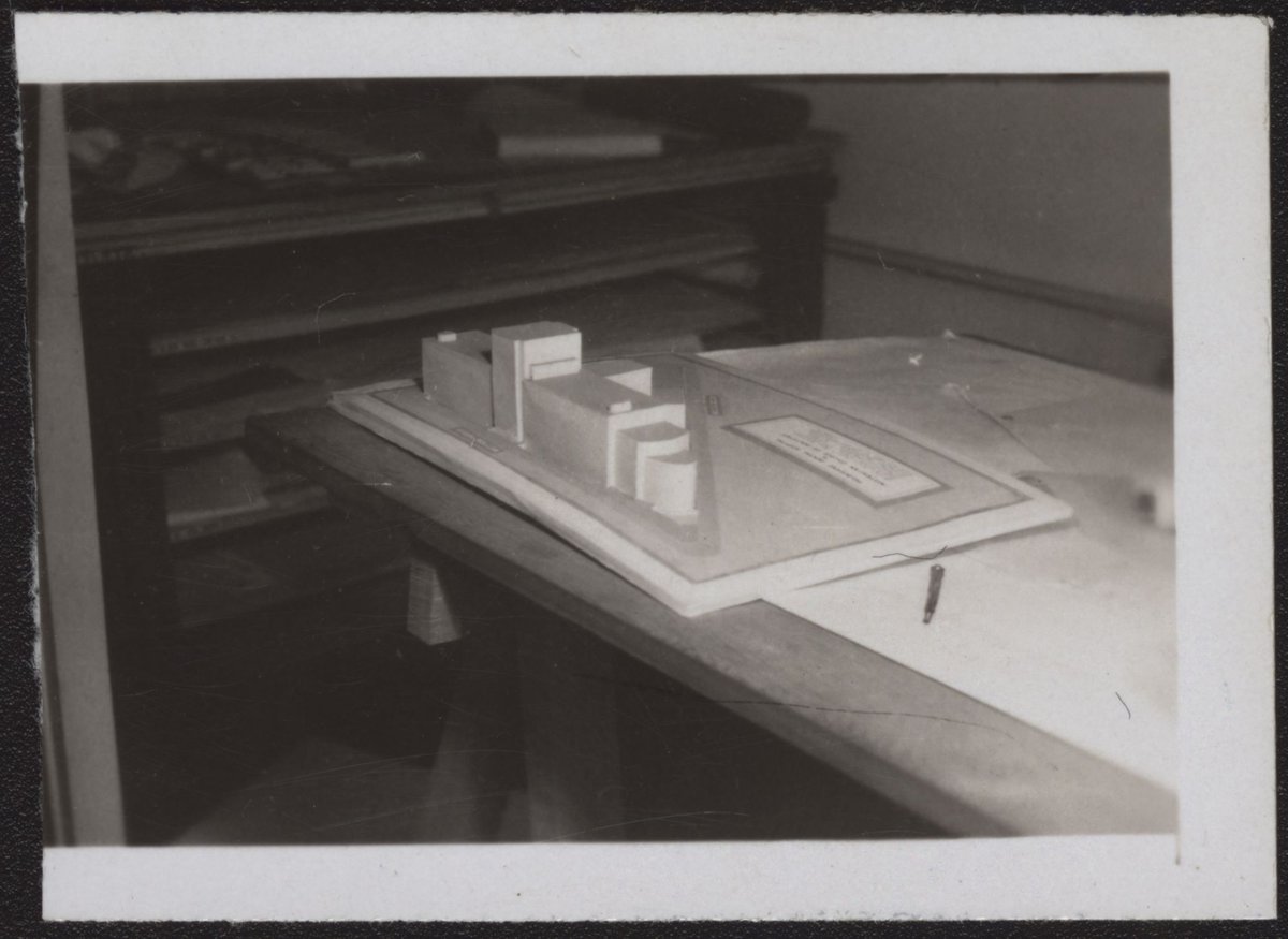 Architectural scale models of the Melbourne Dental Hospital resting on a trestle table (1940–54)