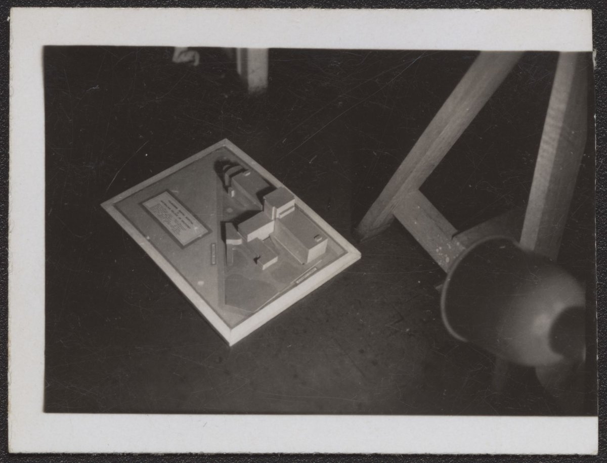 Architectural scale models of the Melbourne Dental Hospital resting on a trestle table (1940–54)