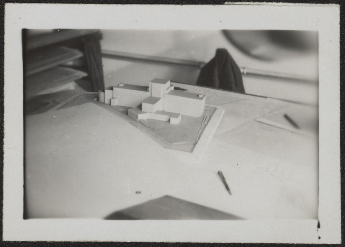 Architectural scale models of the Melbourne Dental Hospital resting on a trestle table (1940–54)