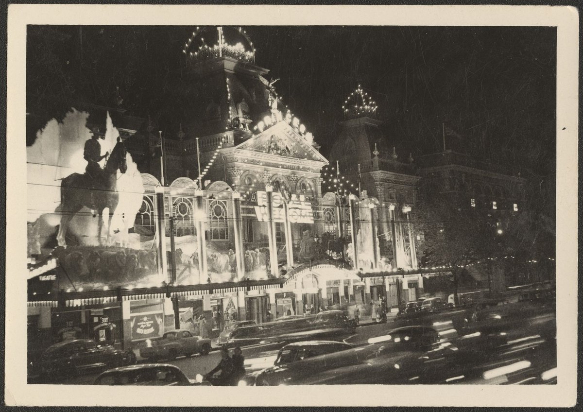 Floodlit facade of the Princess Theatre, Spring Street, Melbourne, Melbourne City (1954)