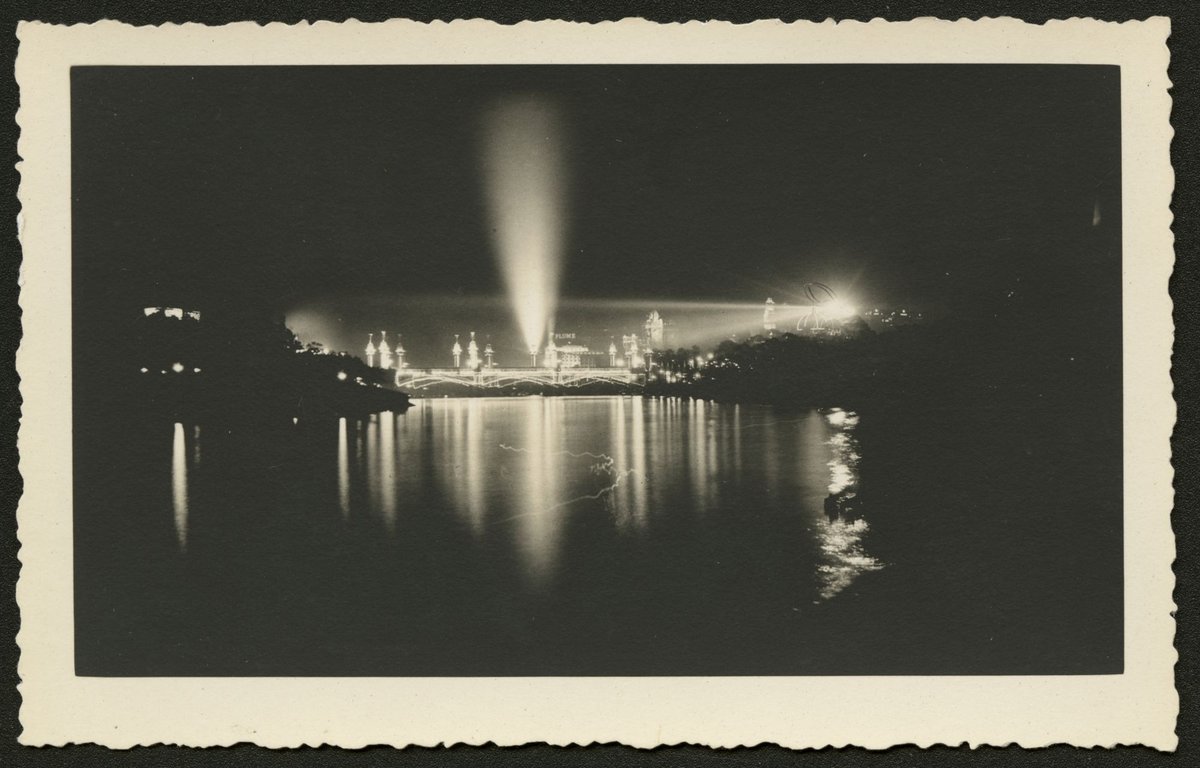 View looking east along Yarra River at night, Melbourne (1930–50)