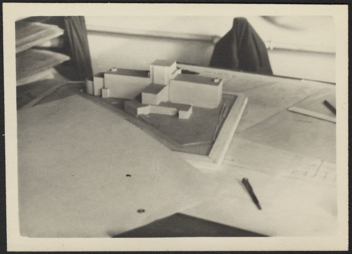 Architectural scale models of the Melbourne Dental Hospital resting on a trestle table (1940–54)